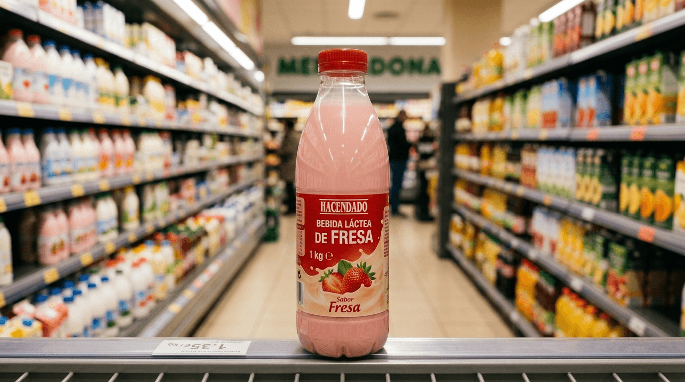 Botella de bebida láctea de fresa Hacendado de 1 kg en estantería de supermercado con iluminación natural