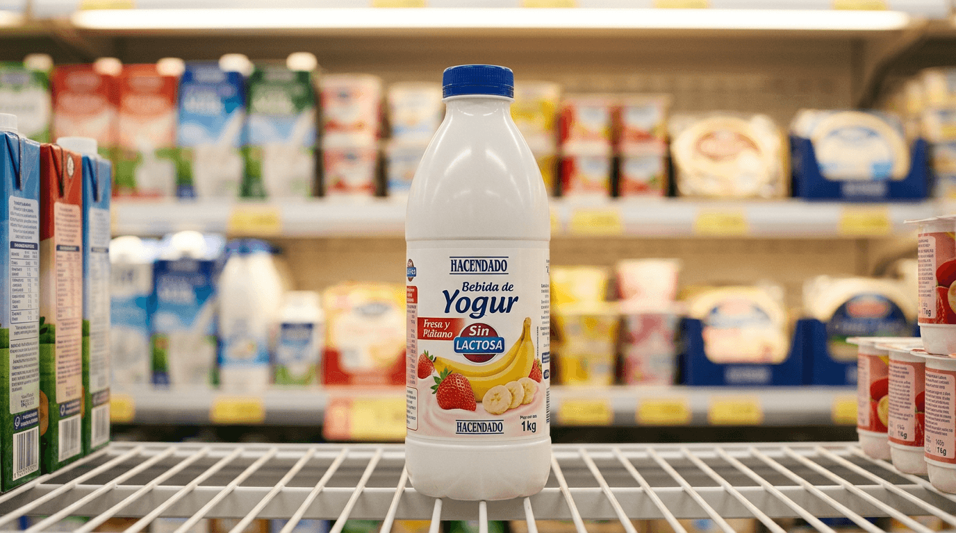 Botella de un kilogramo de bebida láctea Hacendado fresa y plátano en lineal de supermercado