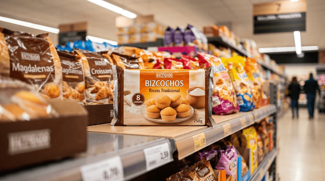 Paquete de bizcochos Hacendado en primer plano sobre estantería de supermercado