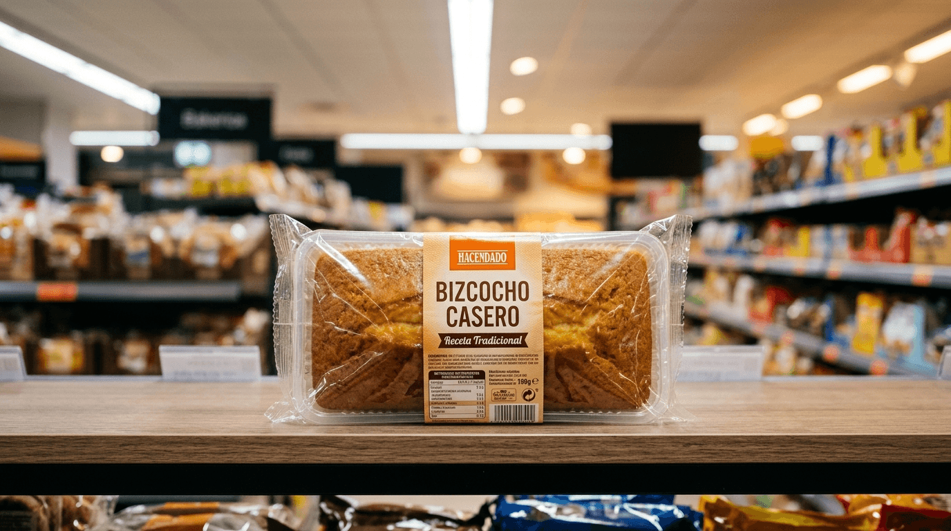 Paquete de bizcochos Hacendado en estantería de Mercadona con iluminación editorial cálida