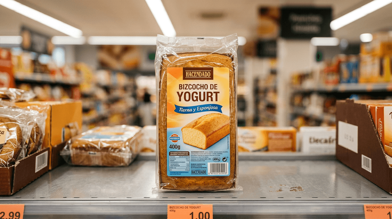 Paquete de bizcochos Hacendado en primer plano, estantería de supermercado desenfocada al fondo