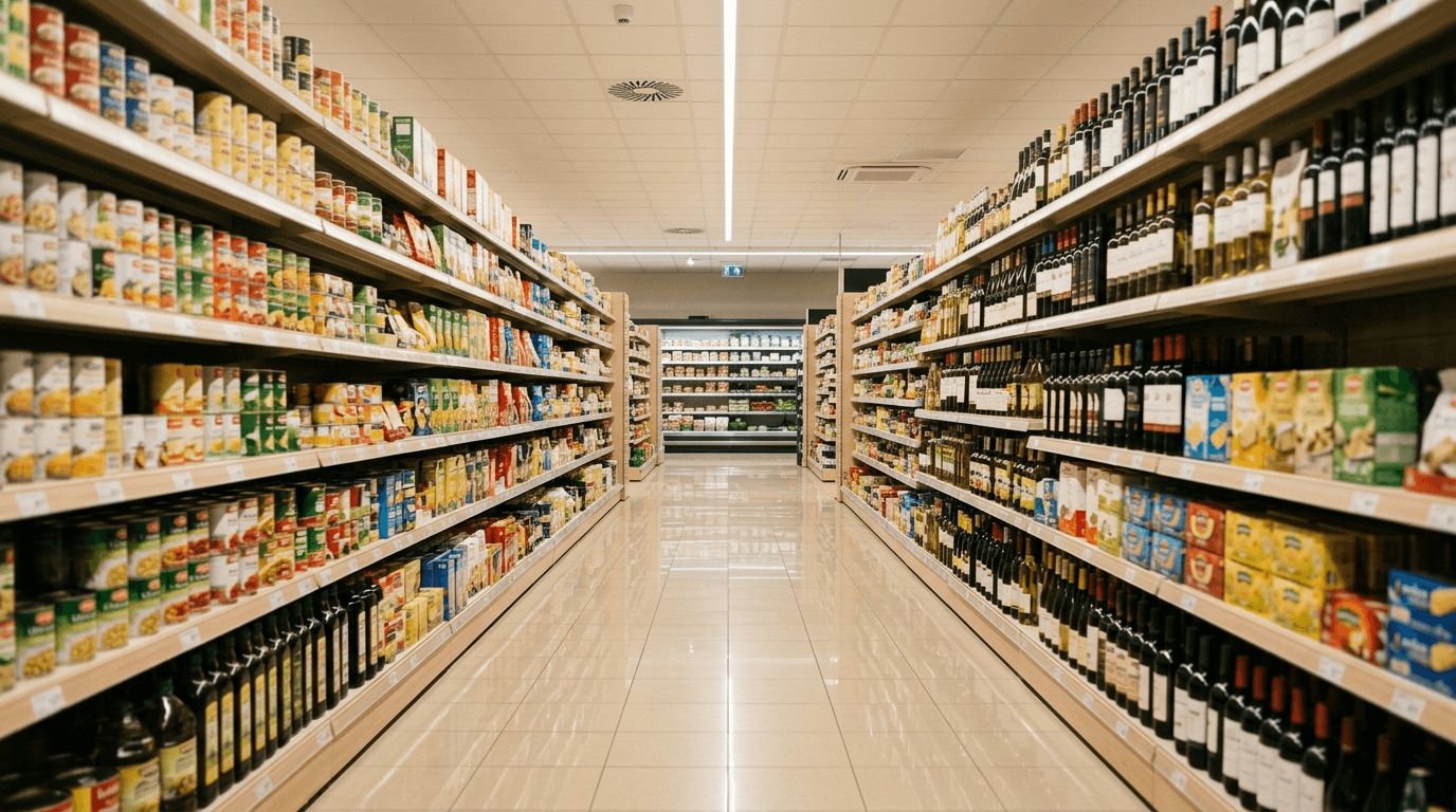 Pasillo de supermercado moderno con estanterías bien surtidas, iluminación cálida, perspectiva limpia sin clientes