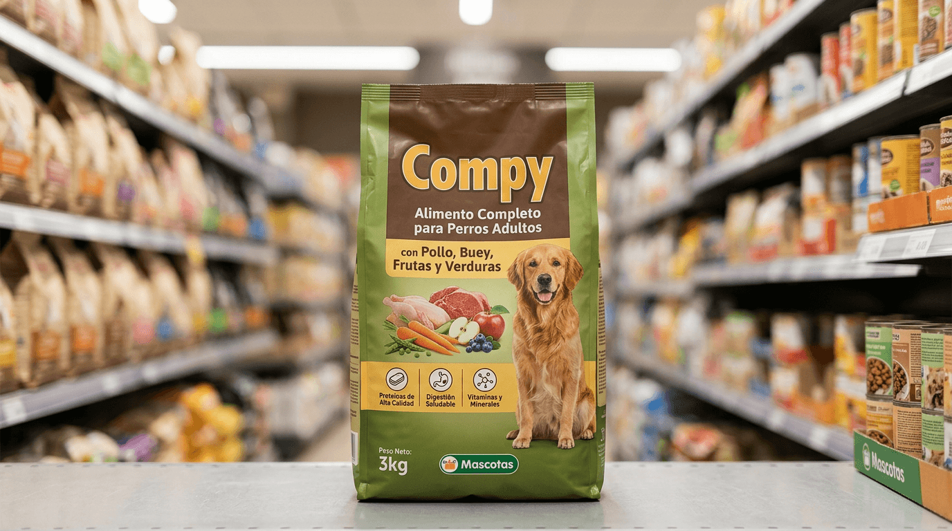 Bolsa de pienso Compy para perro adulto con pollo y ternera, 3kg, en estantería de supermercado