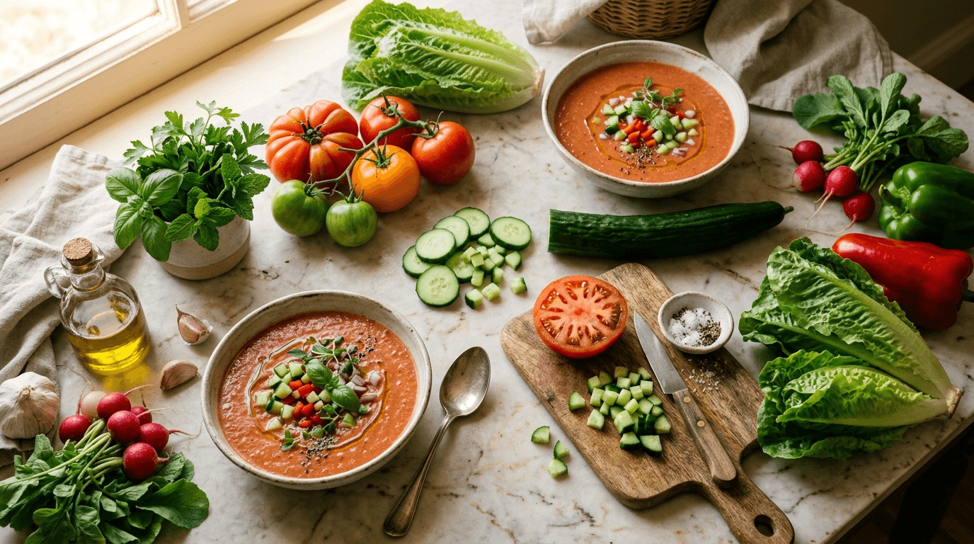 Composición aérea de gazpacho en cuencos con ingredientes frescos: tomates, pepinos, lechuga y pan sobre superficie de mármol
