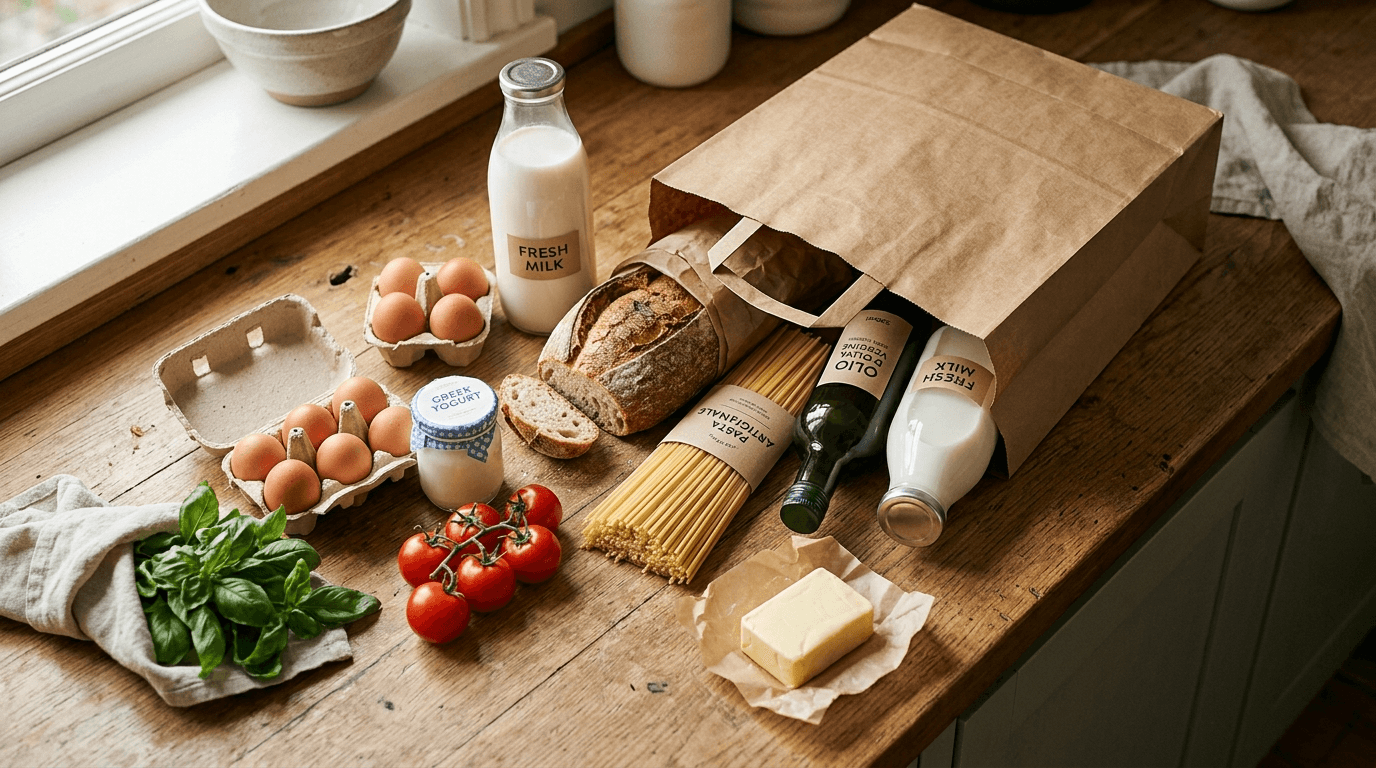 Bolsa de papel marrón con productos de la compra: pan, pasta, tomates, huevos, leche, aceite, yogur en mostrador de madera.