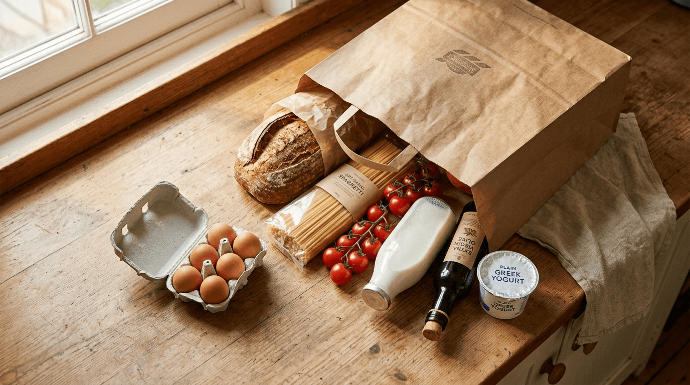 Bolsa de papel marrón tumbada con productos básicos: pan, pasta, tomates frescos, huevos, leche, aceite de oliva, yogur