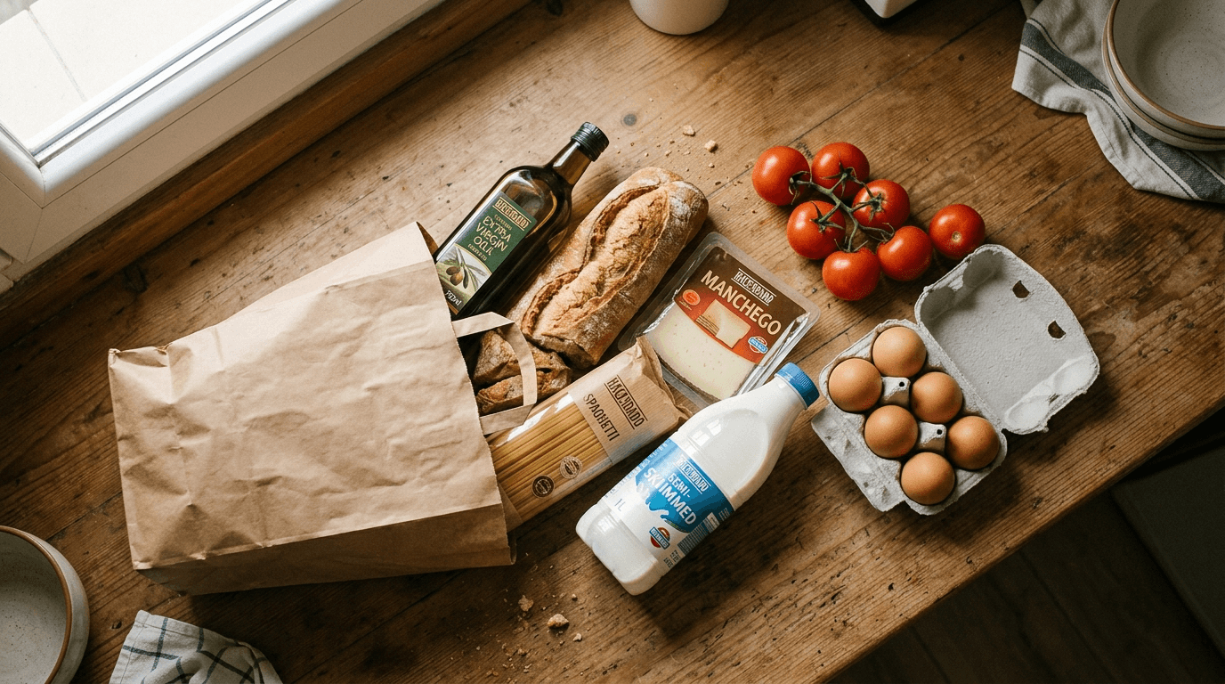 Bolsa de papel kraft tumbada con productos Hacendado dispersos: aceite, queso, pan, pasta, tomates, huevos y leche sobre mostrador de madera con luz natural.