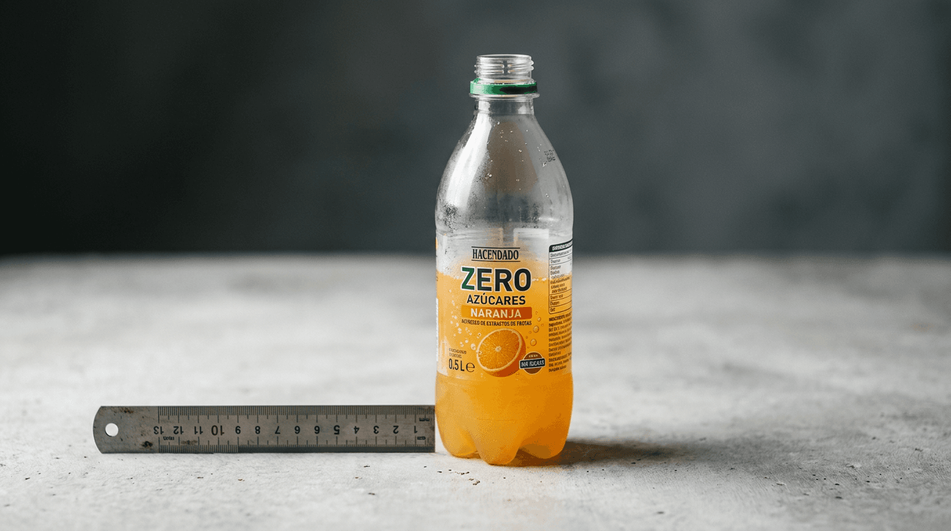 Botella de refresco Hacendado naranja zero junto a regla mostrando su reducción de volumen