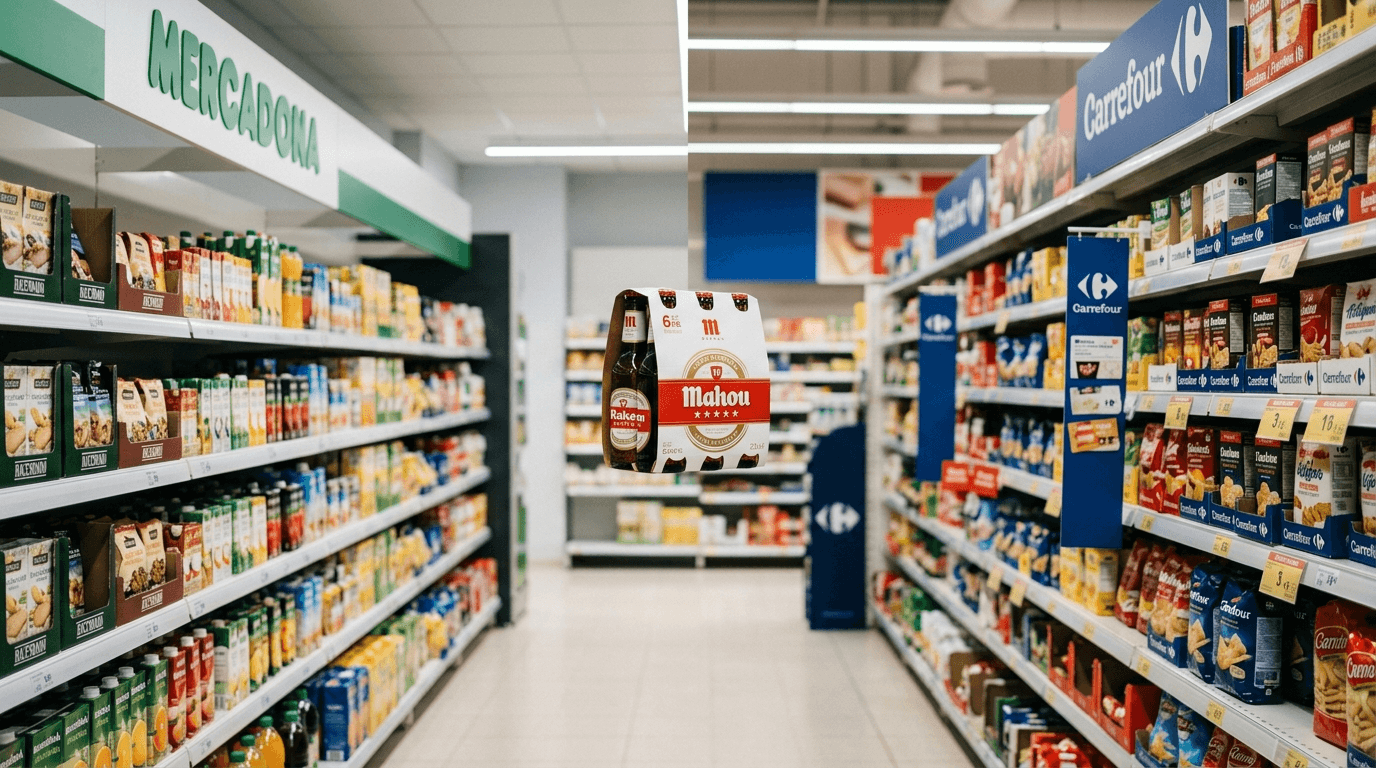 Pasillo de bebidas con packs de Mahou entre estanterías de Mercadona y Carrefour