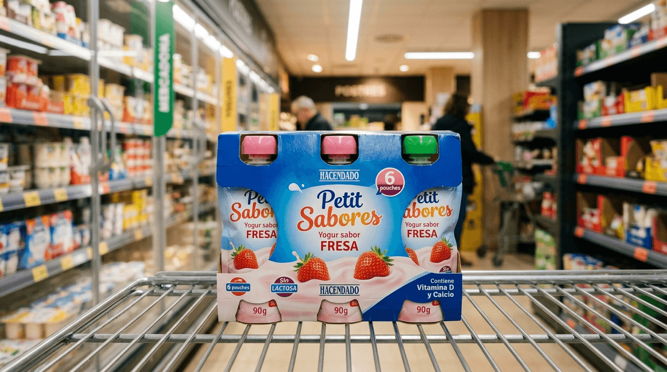 Bolsita de Petit sabores Hacendado en primer plano en estantería refrigerada de supermercado