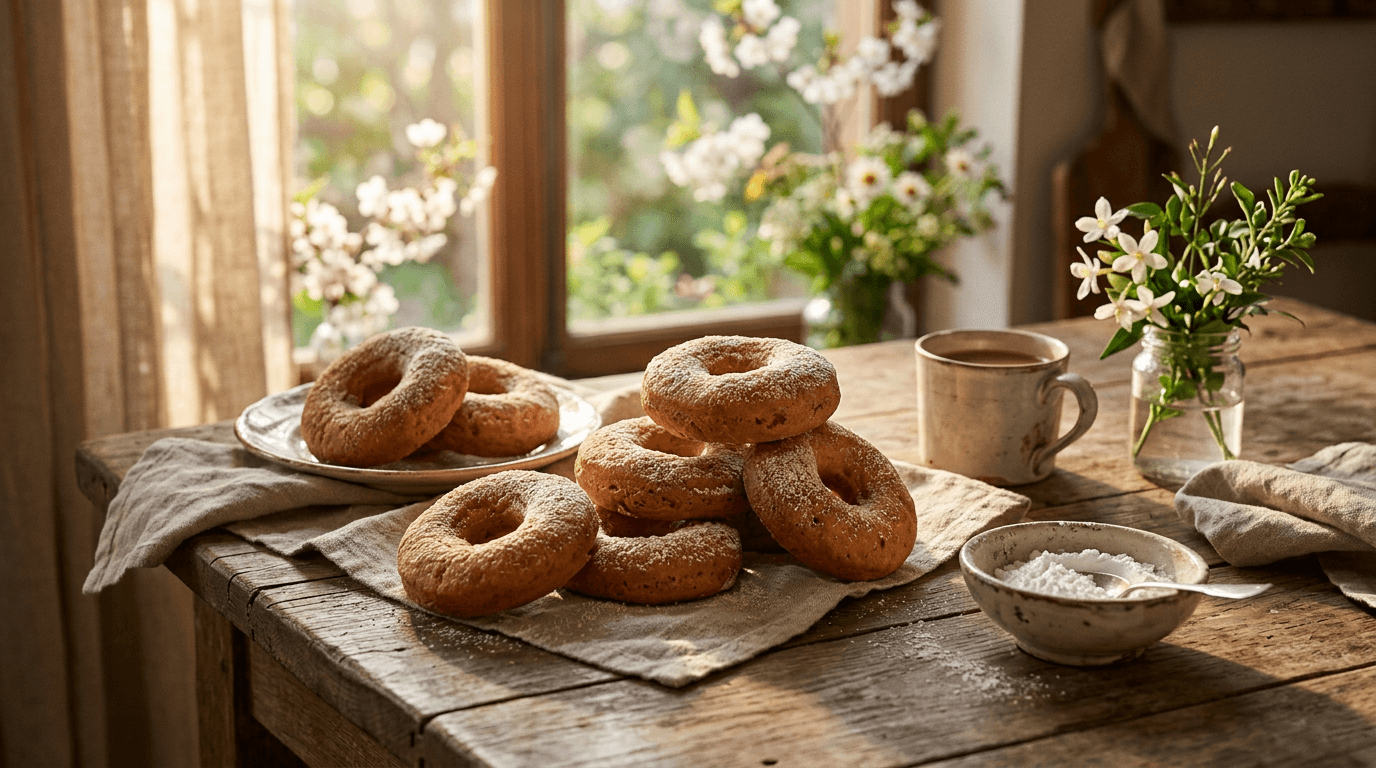 Rosquillas tontas madrileñas con glaseado azucarado en superficie de madera natural, iluminación dorada de ventana