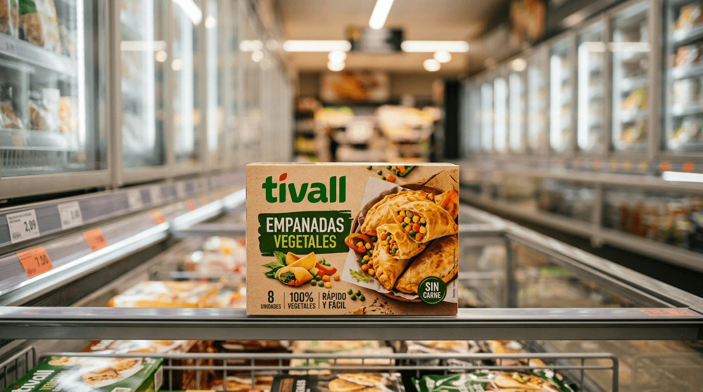 Empaque de empanados vegetales Tivall en estantería de congelados de supermercado