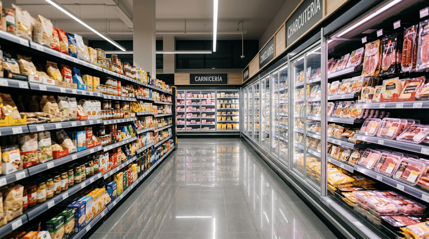 Pasillo de supermercado con secciones de carne, congelados y charcutería bien ordenadas y bien iluminadas