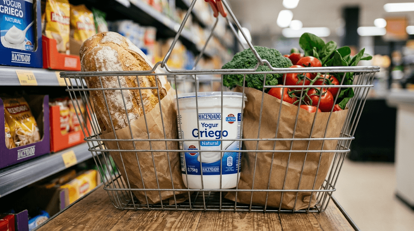 Envase de yogur griego Hacendado en cesta de supermercado con verduras y pan de fondo