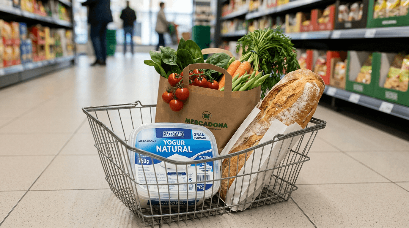 Envase de yogur natural Hacendado 750g en cesta metálica de supermercado con verduras frescas y pan