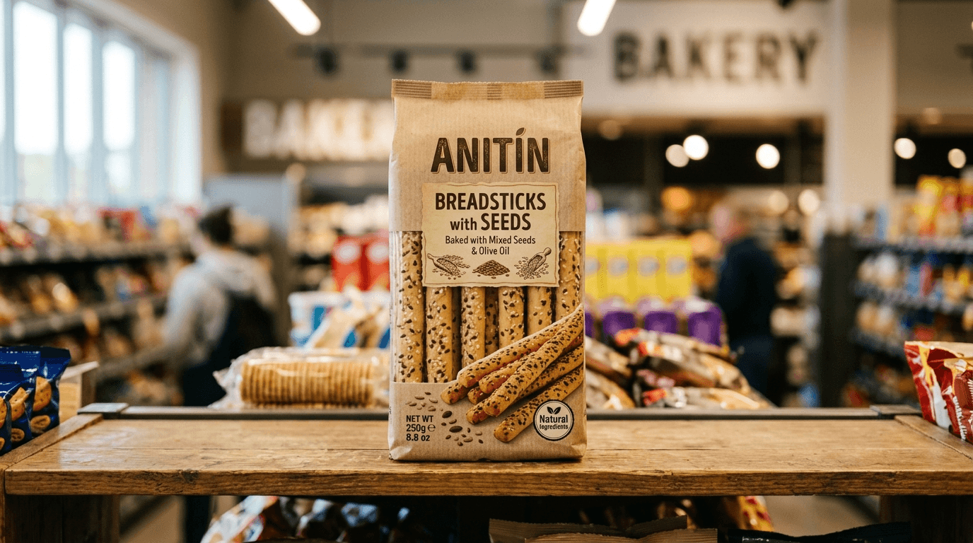Envase de palitos de pan con pipas Anitin en estantería de supermercado con iluminación natural