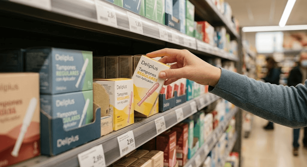 Caja de tampones Deliplus regular con aplicador en estantería de supermercado, mano del cliente alcanzándola