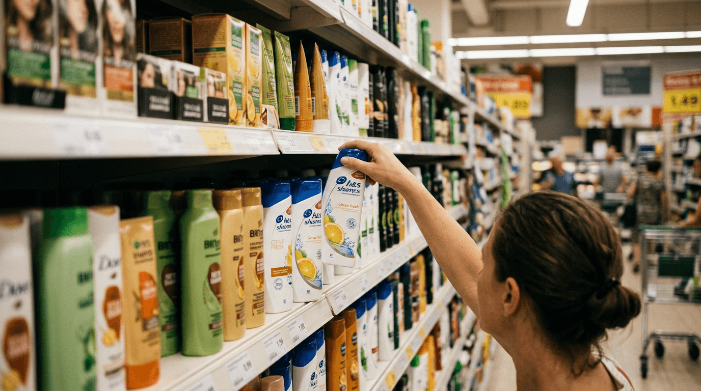 Botella de champú anticaspa Citrus Fresh de H&S 330 ml en lineal de supermercado con iluminación natural