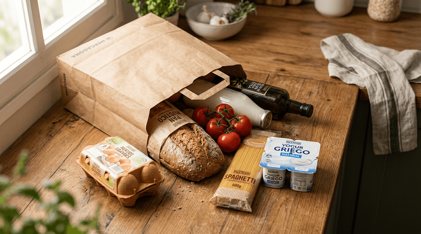 Bolsa de papel marrón con productos Hacendado: pan, pasta, tomates, huevos, leche, aceite y yogur sobre encimera de madera