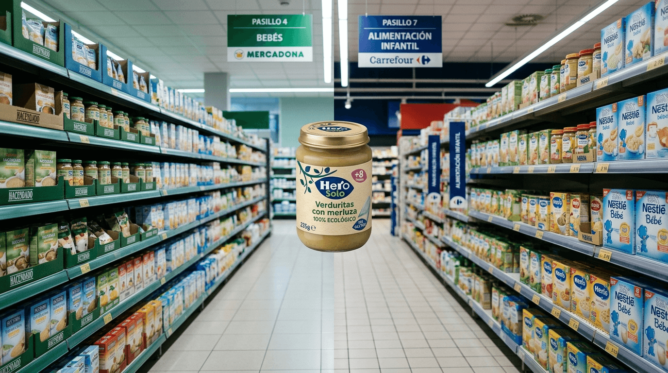 Papilla Hero Solo verduritas merluza en comparativa Mercadona Carrefour