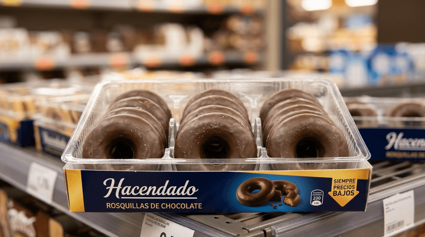 Paquete de rosquillas al cacao Hacendado en primer plano, estantería de supermercado desenfocada al fondo