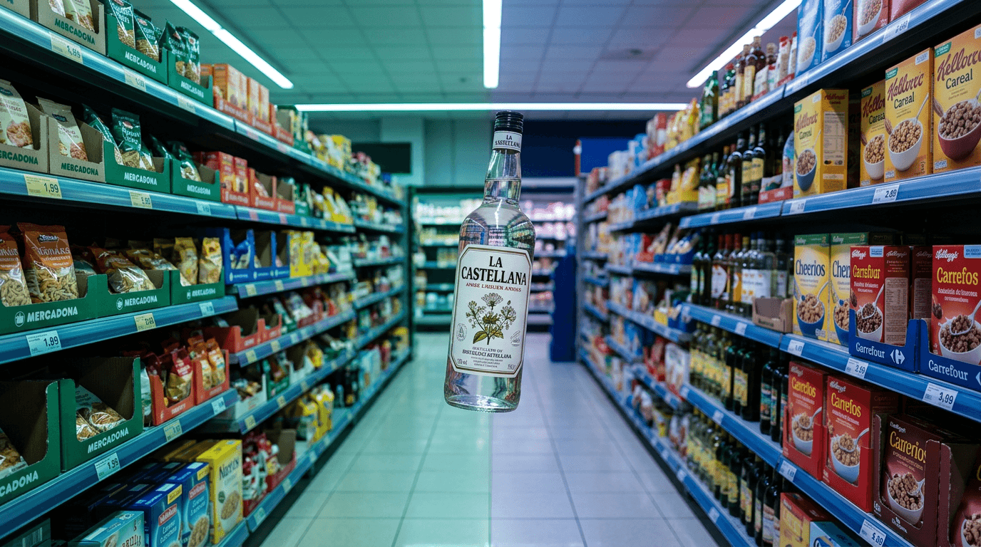 Botellas de anís La Castellana en estanterías de Mercadona y Carrefour con etiquetas de precio visibles