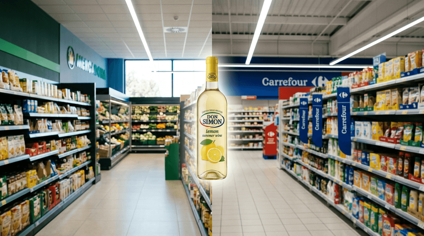 Botellas de Don Simón tinto de verano limón en estanterías de Mercadona y Carrefour con diferencia de precios visible