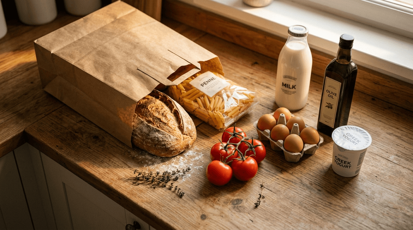 Bolsa de papel marrón con productos básicos Hacendado en cocina luminosa con luz natural lateral