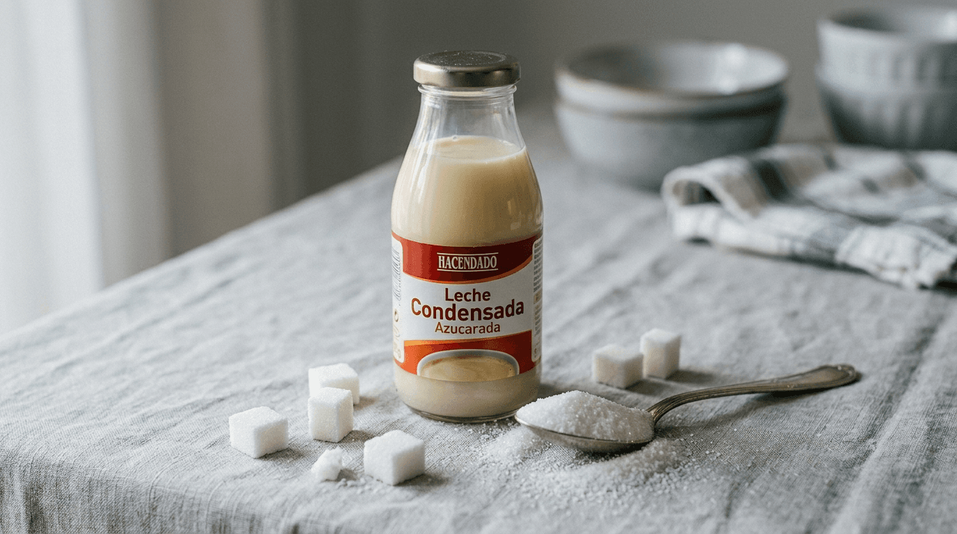 Botella de leche condensada desnatada Hacendado rodeada de cubos de azúcar y azúcar granulado sobre superficie neutra