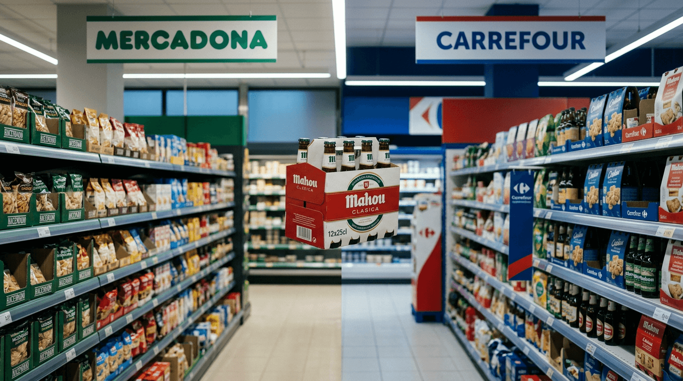 Packs de cerveza Mahou clásica junto a símbolos de Mercadona y Carrefour representando la comparativa de precios