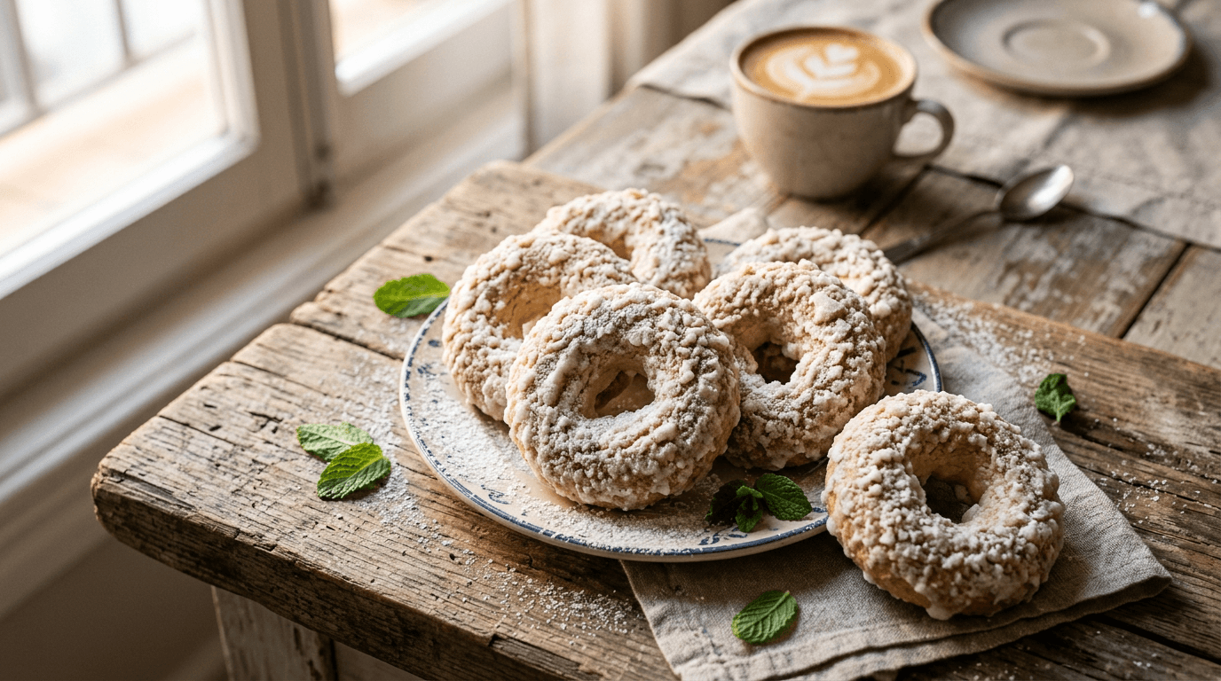 Rosquillas de San Isidro en bandeja de madera con café de fondo, iluminación natural de lado