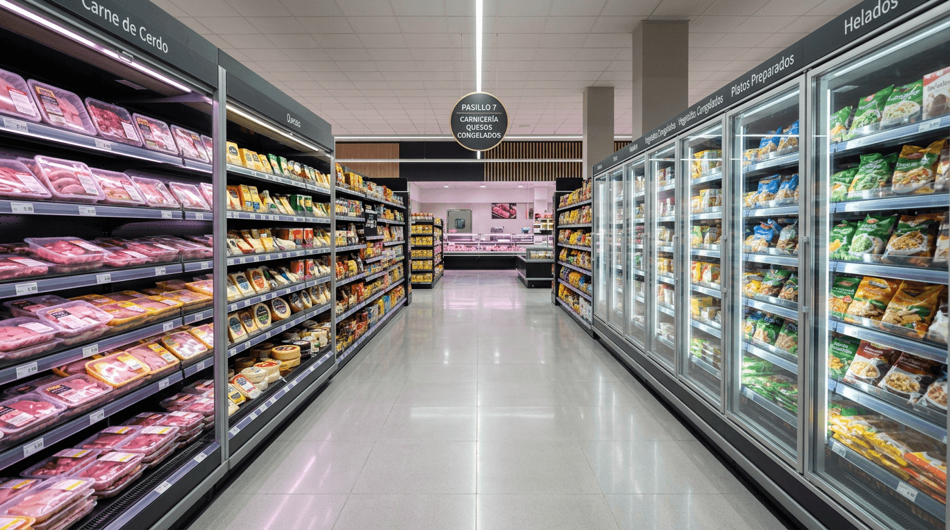 Pasillo de supermercado moderno con secciones de carne, congelados y quesos visibles, estanterías bien iluminadas y vacío de gente.