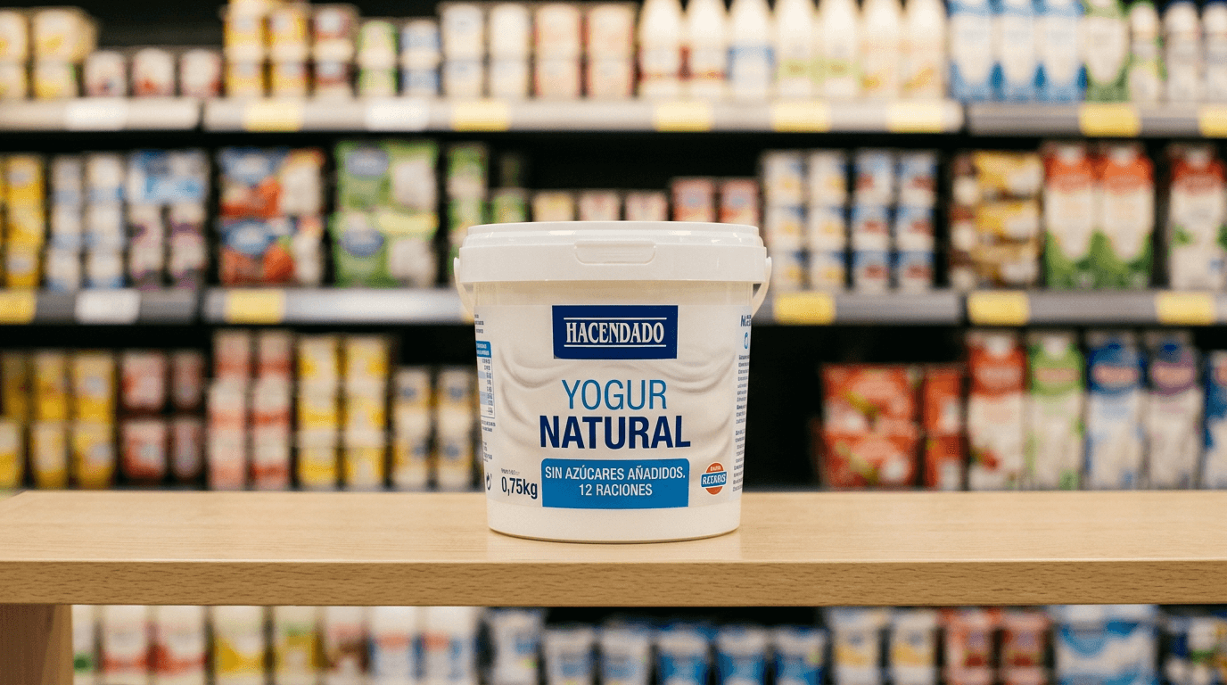 Envase de yogur natural Hacendado 0,75 kg sobre superficie blanca con pasillo de lácteos desenfocado al fondo