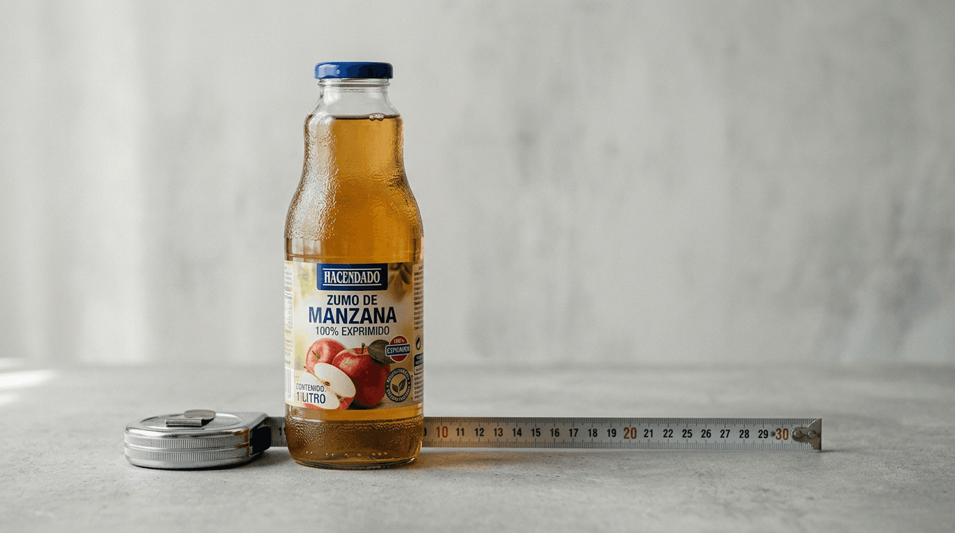 Botella de zumo de manzana Hacendado junto a cinta métrica sobre fondo gris neutro