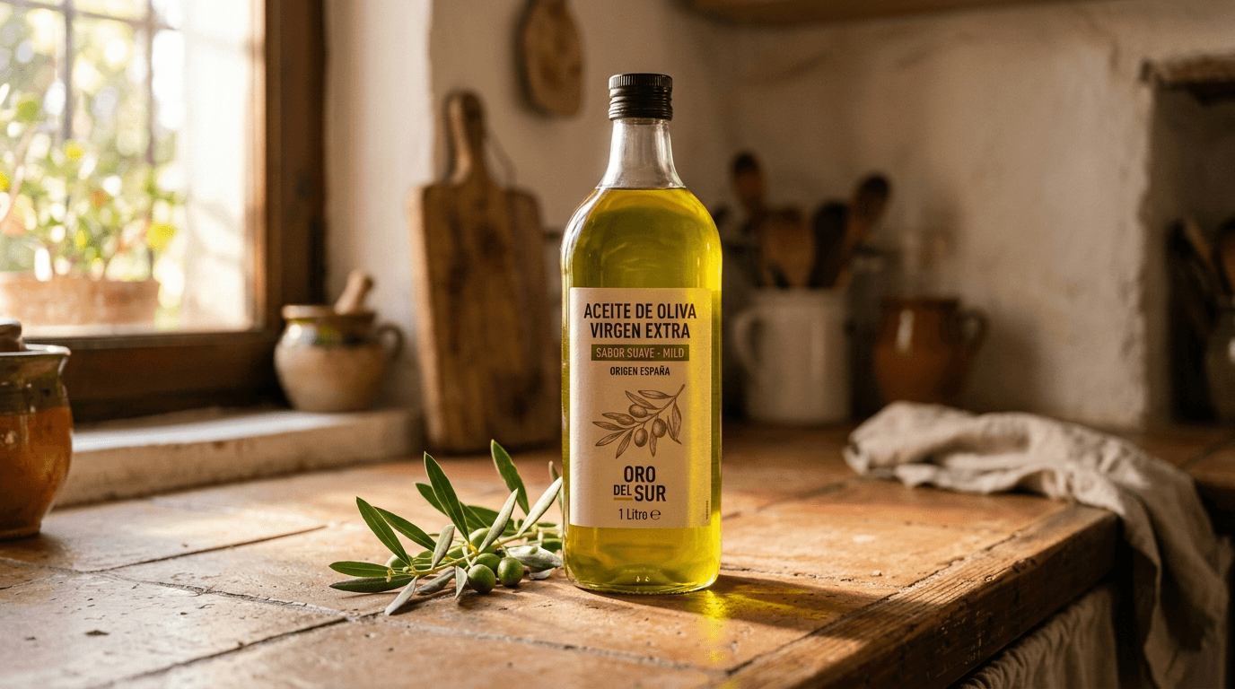 Botella de litro de aceite de oliva suave con etiqueta de Día sobre encimera de cocina española con rama de olivo