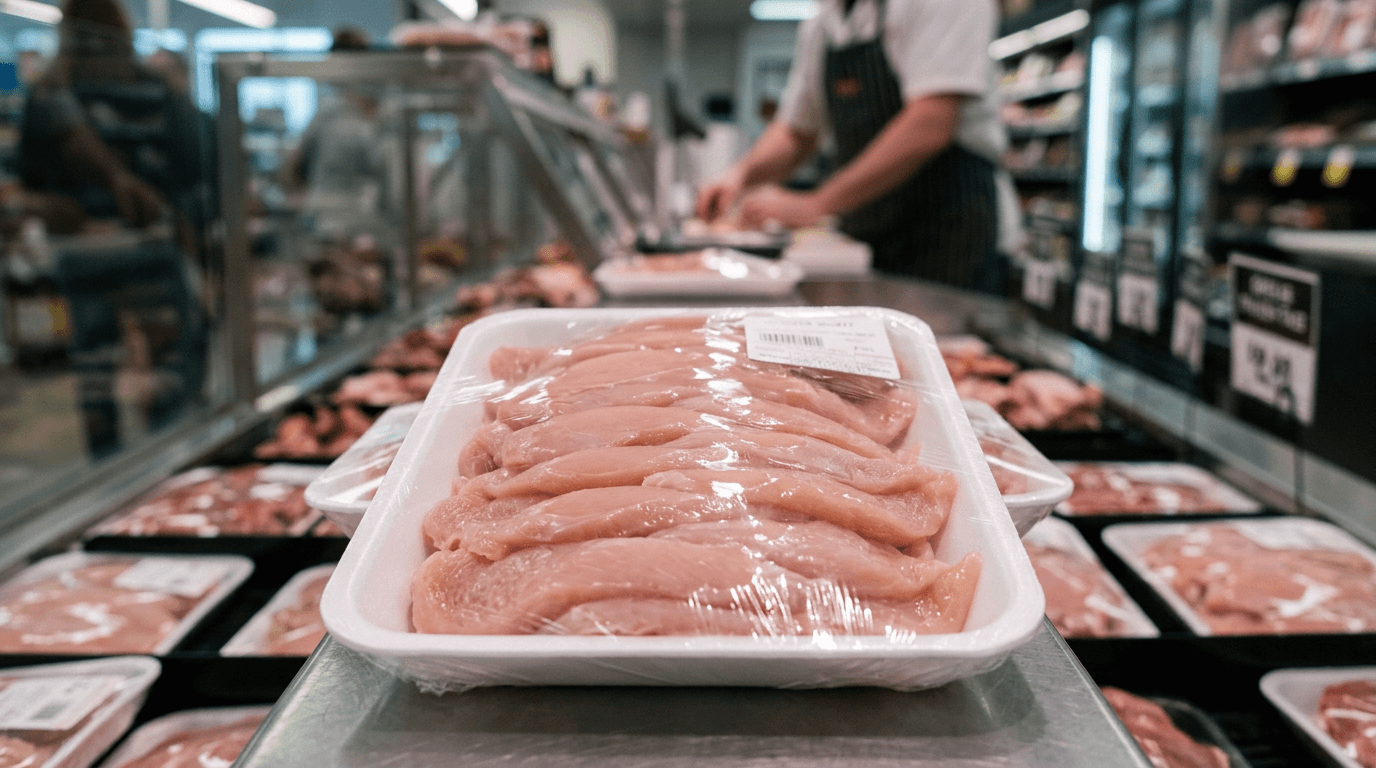 Bandeja de filetes de pechuga de pollo corte fino en la carnicería de Mercadona