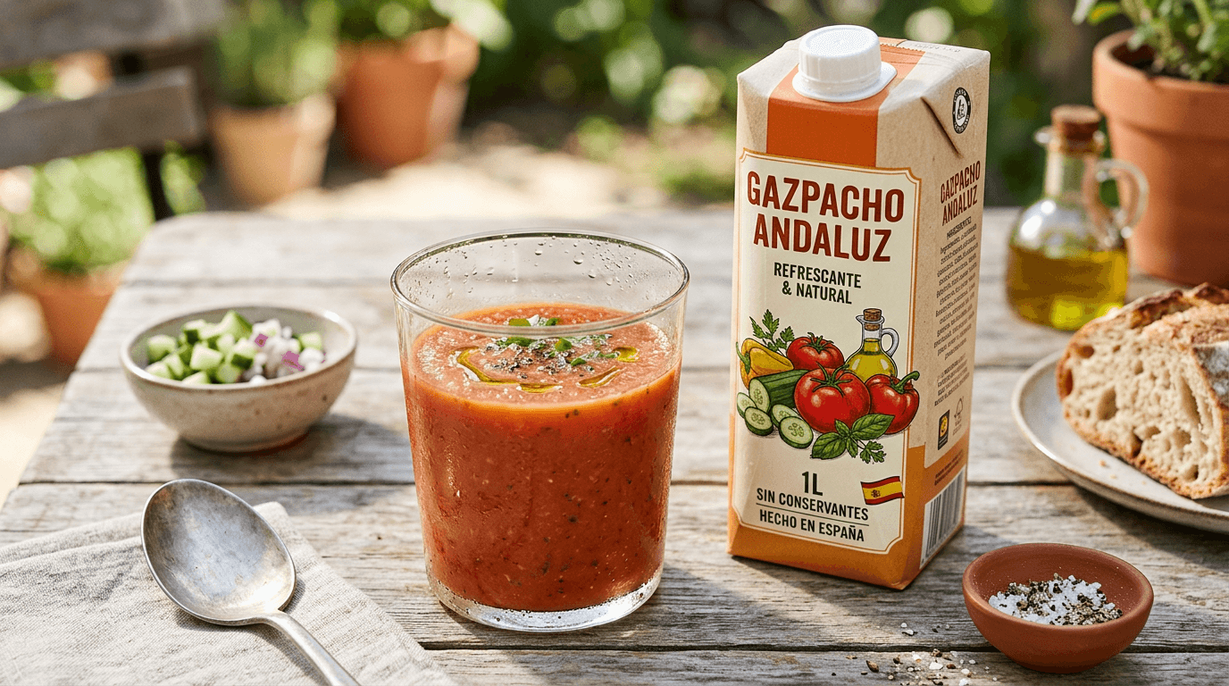 Gazpacho frío en vaso, aceite de oliva, cartón Día Al Punto, mesa verano con luz natural