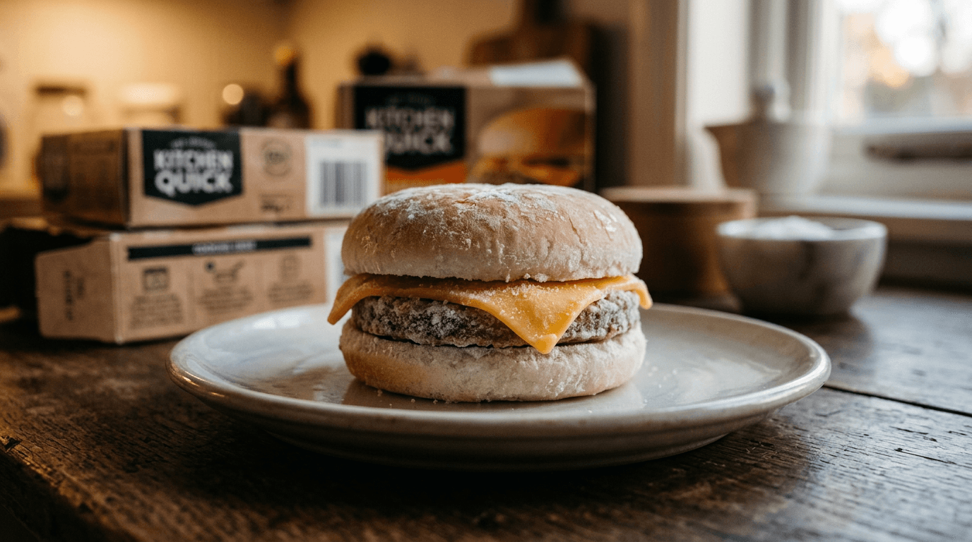 Hamburguesa Brooklyng Town recién cocinada con queso derretido, sobre plato blanco en cocina con luz cálida de atardecer