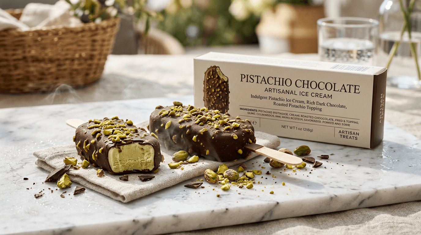 Helados bombón de pistacho Hacendado sobre mármol con pistachos desmenuzados, niebla fría y luz de verano