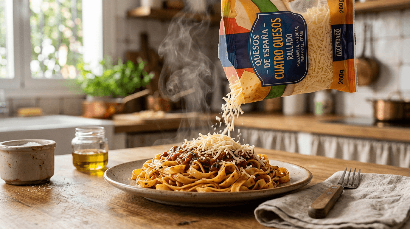 Queso rallado cuatro quesos de Hacendado vertido sobre pasta caliente con vapor, cocina española, luz natural suave