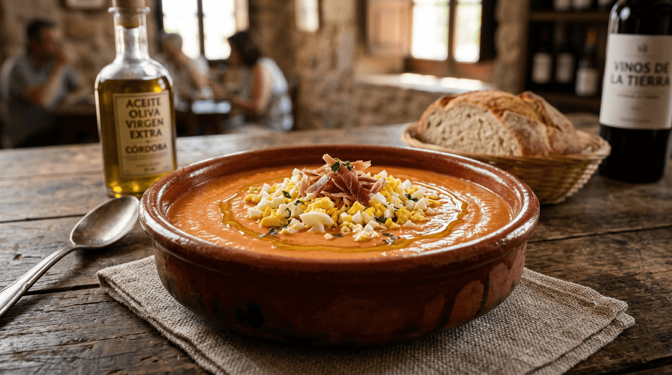 Cuenco de salmorejo cordobés con huevo y jamón en plato de barro, mesa rústica andaluza