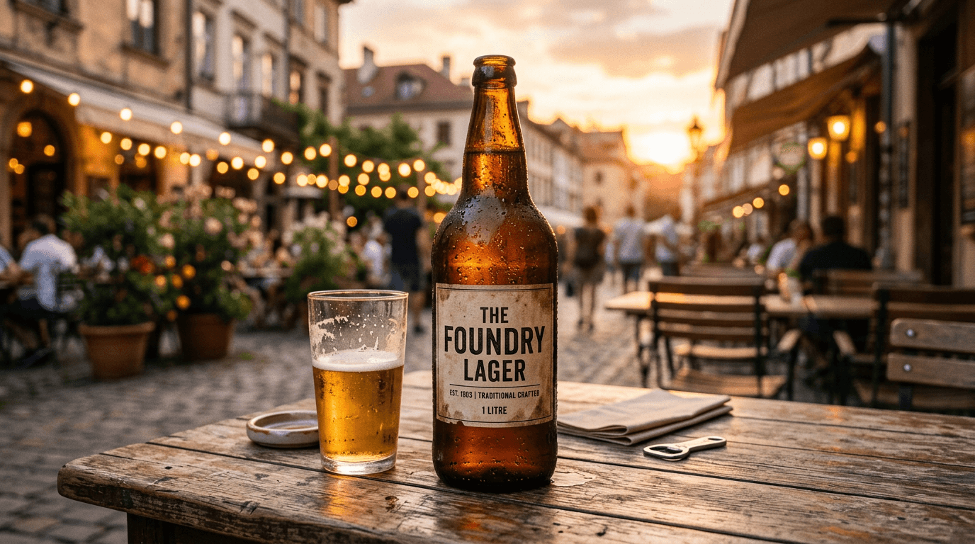 Botella de cerveza Dia Ramblers de un litro con condensación sobre mesa de terraza al atardecer
