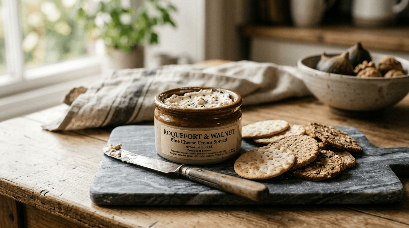 Tarro de crema de queso azul President con cuchillo de queso y galletas saladas sobre tabla de mármol