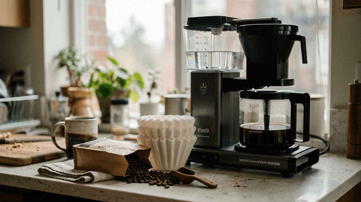 Filtros de café Bosque Verde junto a una cafetera de goteo tradicional y granos de café tostado sobre una encimera de cocina