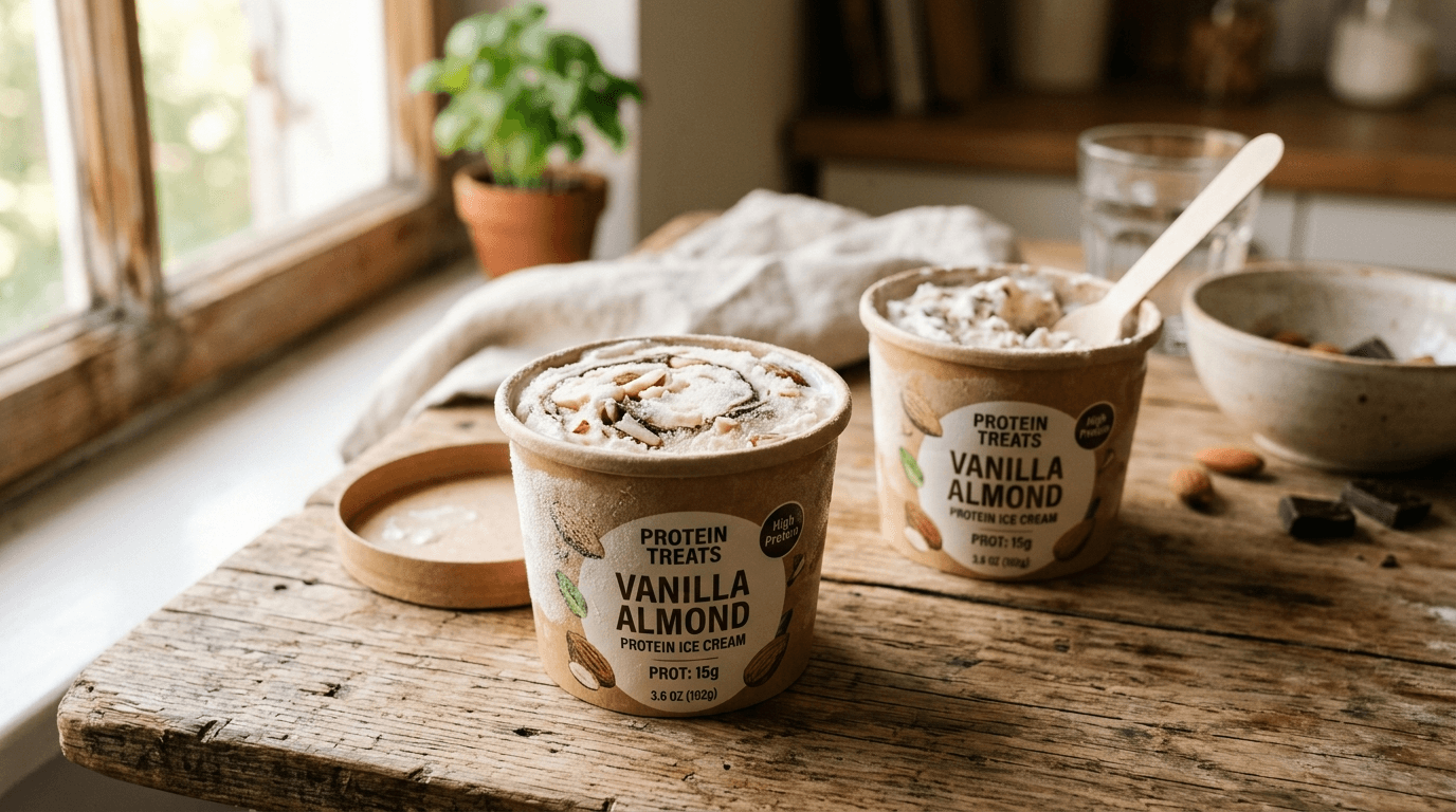 Helado Casty Proteína vainilla en formato de 4 mini tarrinas abiertas, con chocolate y almendra visible, en mesa veraniega con iluminación cálida