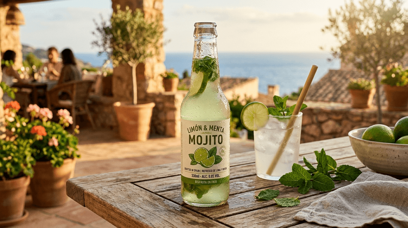 Botella de bebida preparada mojito de La Recompensa Ice con condensación en mesa de terraza soleada