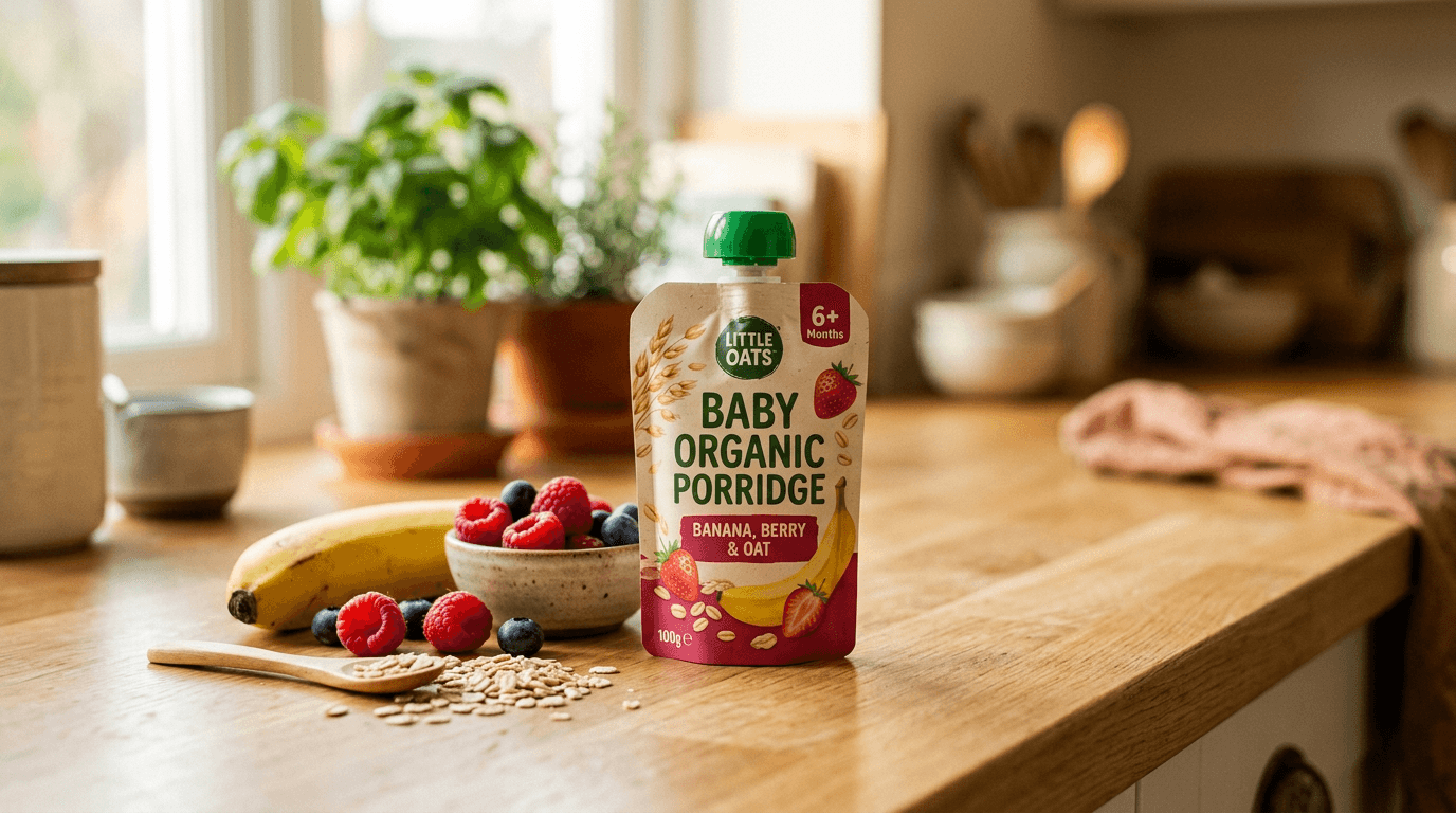 Papilla de frutas con avena Hacendado +8 meses sobre mostrador de cocina con fruta natural y luz natural matutina