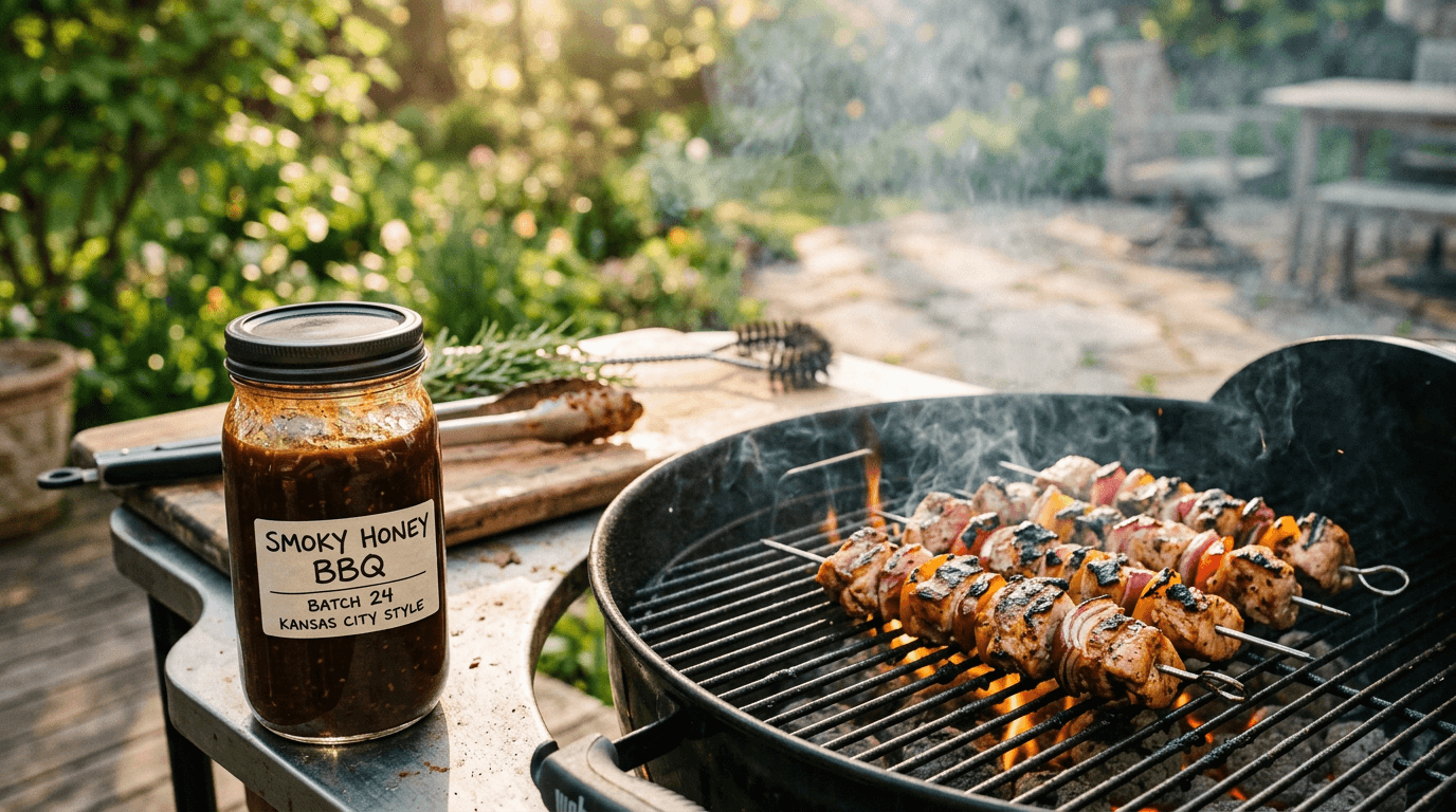 Bote de salsa barbacoa Prima junto a parrilla con brasas vivas y carne asándose al atardecer
