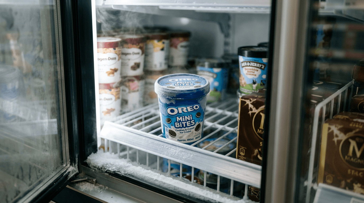 Tarrina de helado Oreo mini bites de 105 ml en congelador de supermercado Día, vapor helado alrededor, otras tarrinas desenfocadas al fondo.