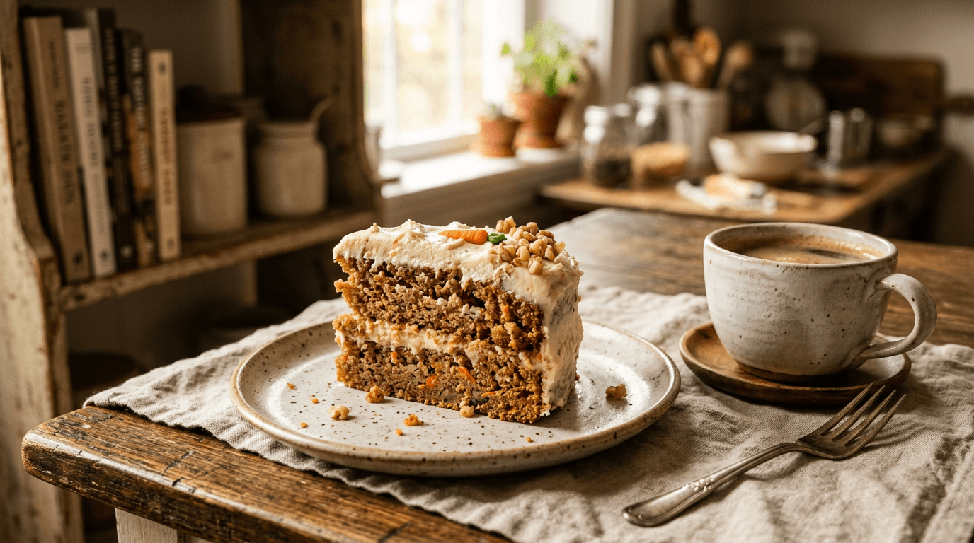 Tarta carrot cake congelada de Hacendado en plato blanco, con café caliente al fondo, ambiente de merienda de fin de semana
